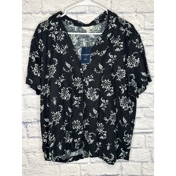 Lucky Brand 2-Pc Linen Shorts Set Black & Cream Floral Elastic Waist SZ XL NWT - Picture 2 of 7